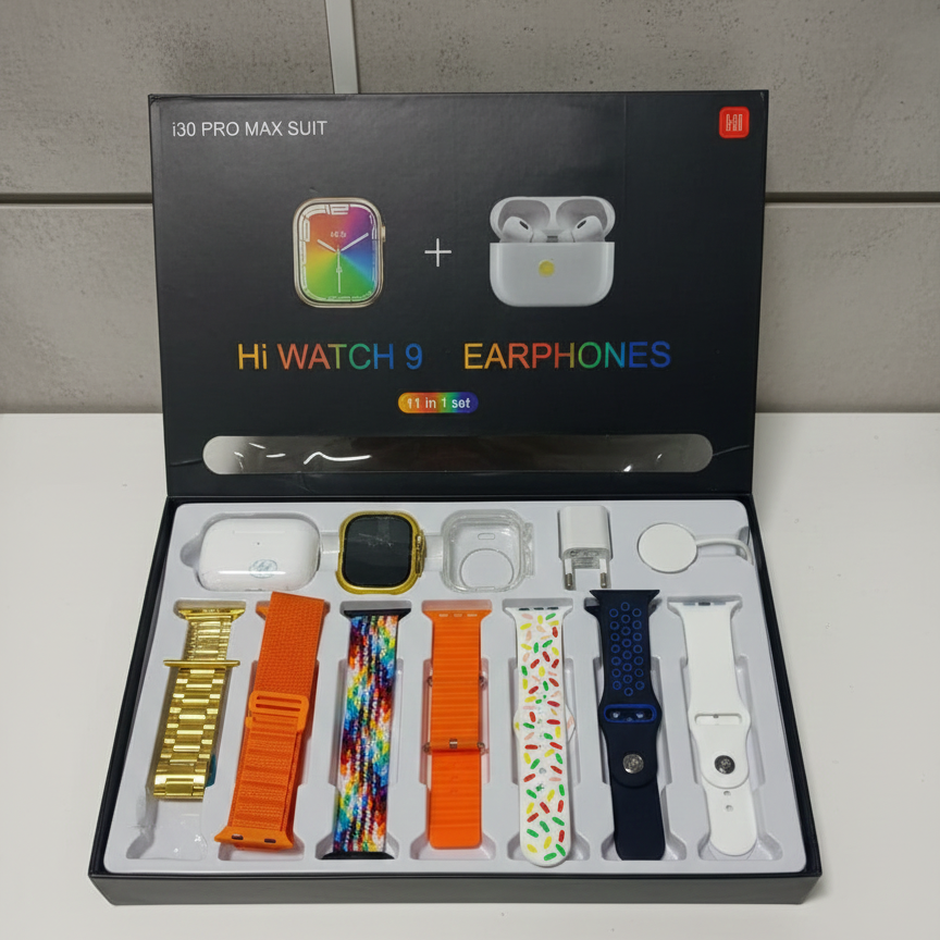 i30 Pro Max Smart Watch Series 9 | 11‑in‑1 Set | With Earbuds, Adapter, Wireless Charger & Cover | 2.3" HD Ultra | Random Colour